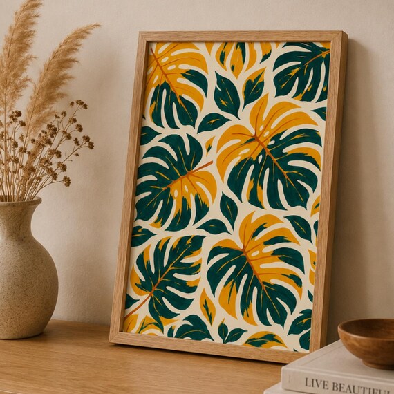 Tropical Monstera Leaf Pattern Green Yellow Botanical Wall Poster
