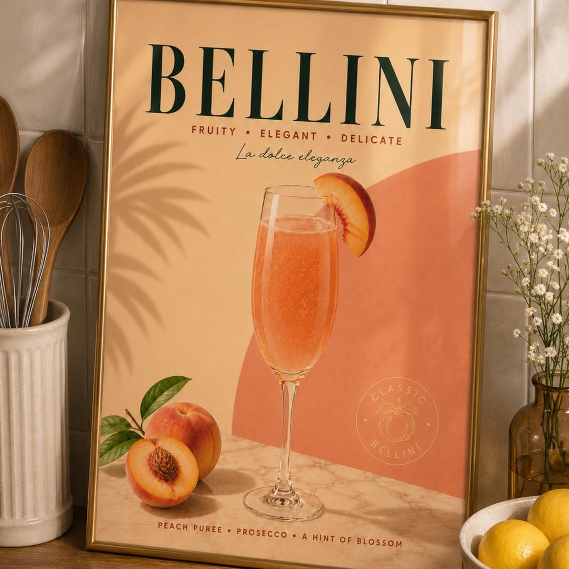 Bellini Cocktail Poster Italian Peach Prosecco Bar Kitchen Art Decor