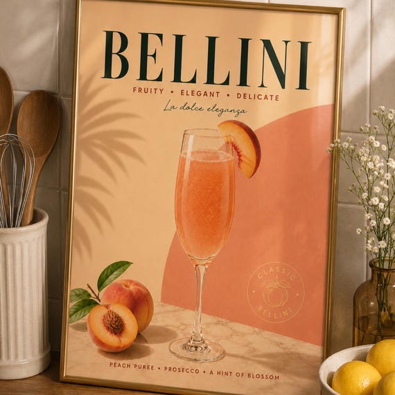 Bellini Wall Art Print Italian Cocktail Poster Peach Prosecco Bar Cart Decor Kitchen Lover Gift La Dolce Vita
