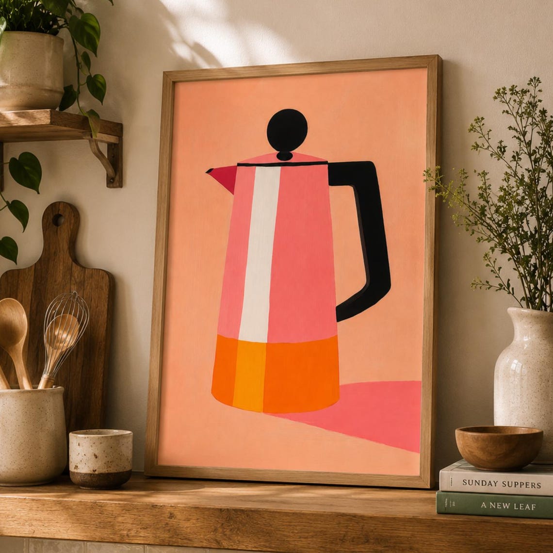 Mid Century Modern Pink Moka Pot Espresso Maker Kitchen Art Poster