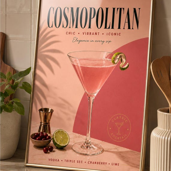 Cosmopolitan Cocktail Poster Pink Drink Print Vintage Bar Decor Kitchen Lounge Art Mixology Gift