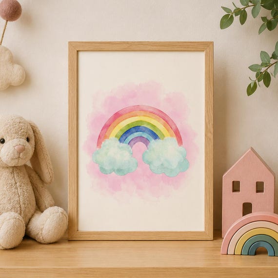 Rainbow Nursery Wall Art Print Watercolor Poster Pastel Baby Room Decor Boho Kids Bedroom
