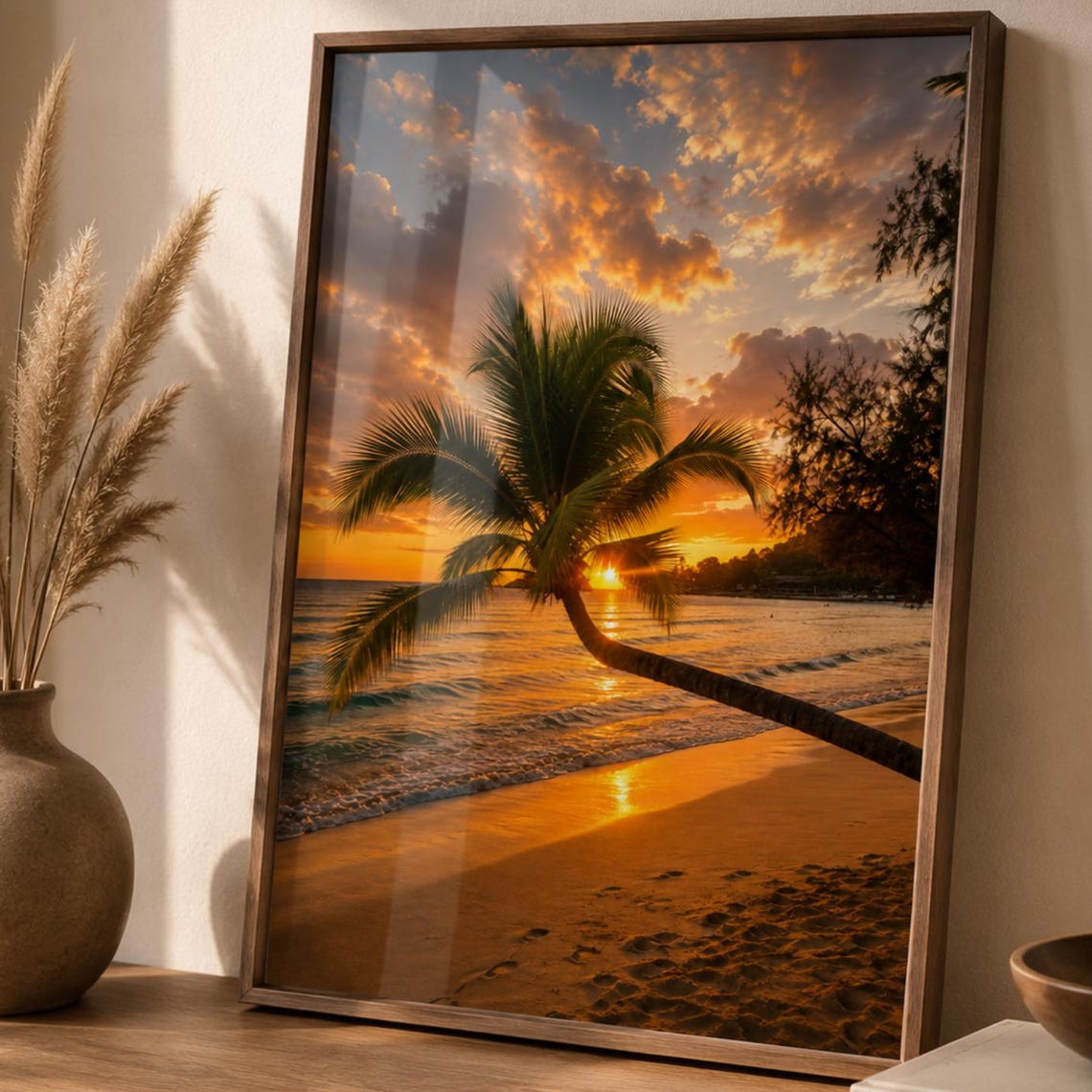 Palm Tree Sunset Wall Art Tropical Beach Print Coastal Ocean Landscape Golden Hour Paradise Decor House