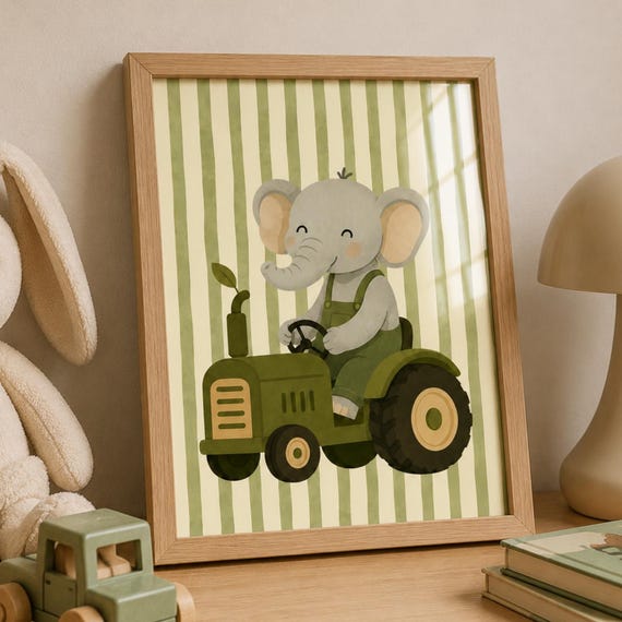 Baby Elephant Tractor Nursery Print Cute Farm Animal Wall Art Green Decor Boy Printable Farmhouse Kids Room Poster