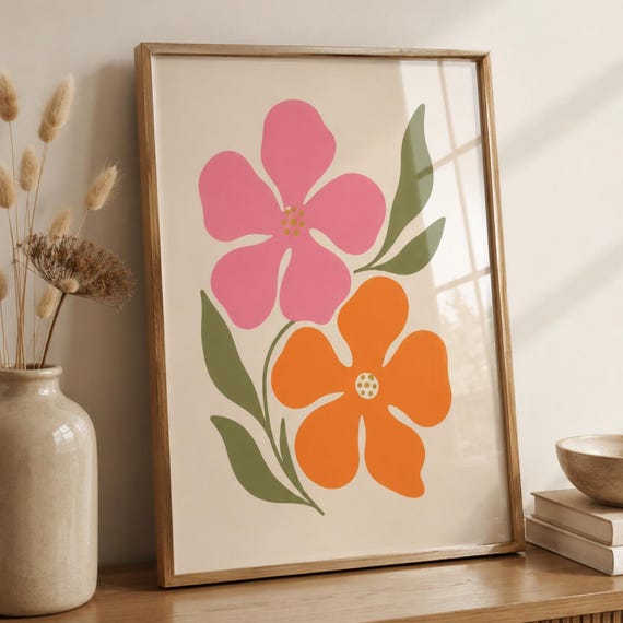Pink Orange Floral Print Mid Century Modern Wall Art Scandinavian Flower Poster Retro Botanical Decor Boho Artk