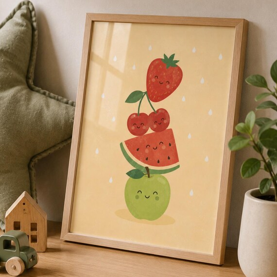 Kawaii Fruit Stack Strawberry Cherry Watermelon Nursery Poster
