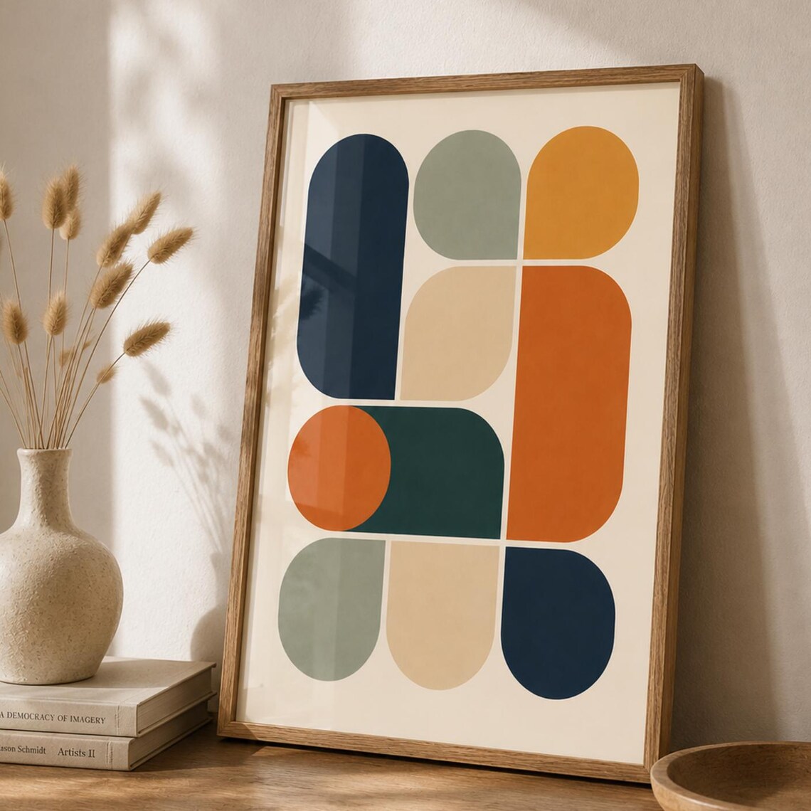Mid Century Geometric Blocks Navy Orange Retro Abstract Art Print