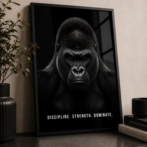 Motivational Gorilla Wall Art Print Black Poster Discipline Strength Dominate Gym Office Decor Masculine