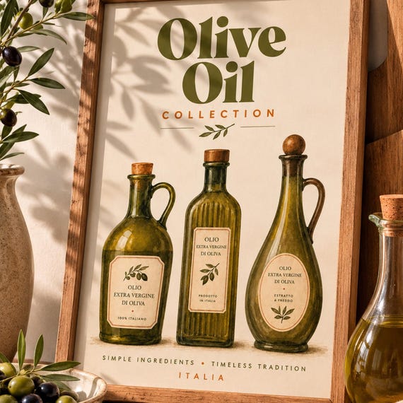Olive Oil Wall Art Italian Kitchen Poster Mediterranean Print Tuscan Decor Farmhouse Artwork