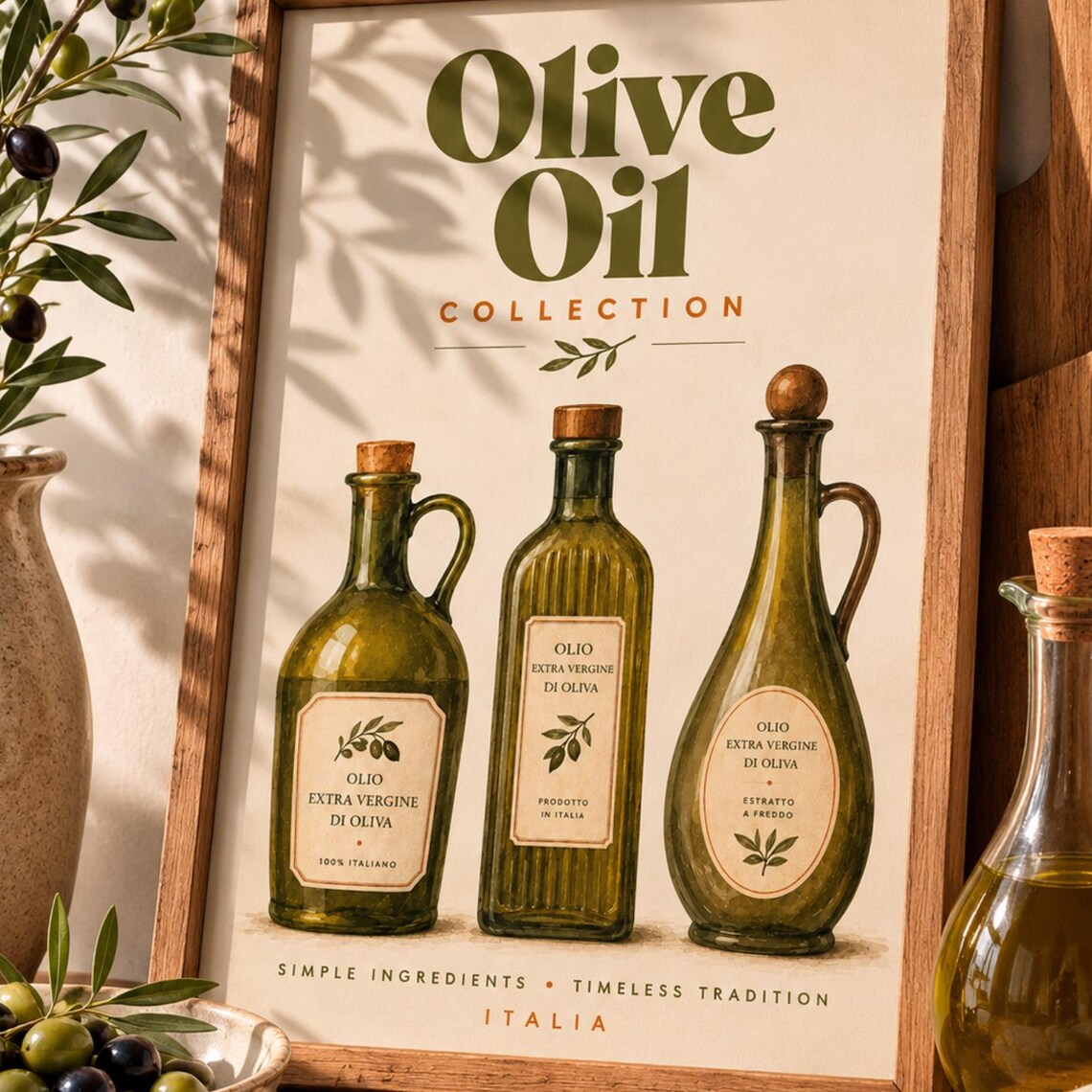 Olive Oil Collection Vintage Italian Bottles Kitchen Wall Art