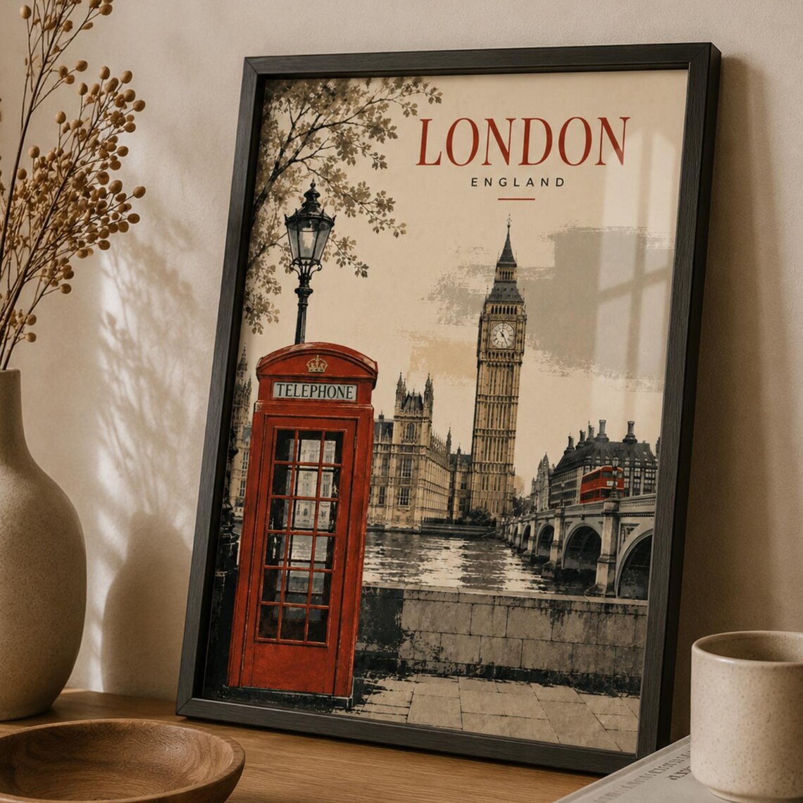 London England Travel Poster Red Phone Booth Big Ben Vintage Art