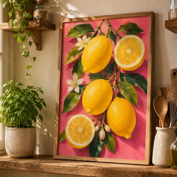 Lemon Wall Art Print Mediterranean Kitchen Decor Colorful Citrus Poster Botanical Fruit Illustration Italian Farmhouse