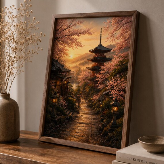 Japanese Cherry Blossom Wall Art Print Kyoto Pagoda Landscape Poster Sakura Temple Decor Japandi Zen Japan Travel