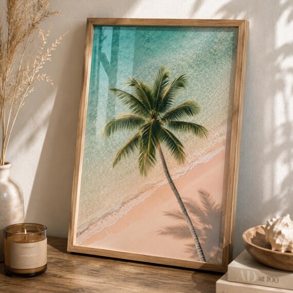 Sunny Tropical Palm Tree Aerial Beach Turquoise Water Poster