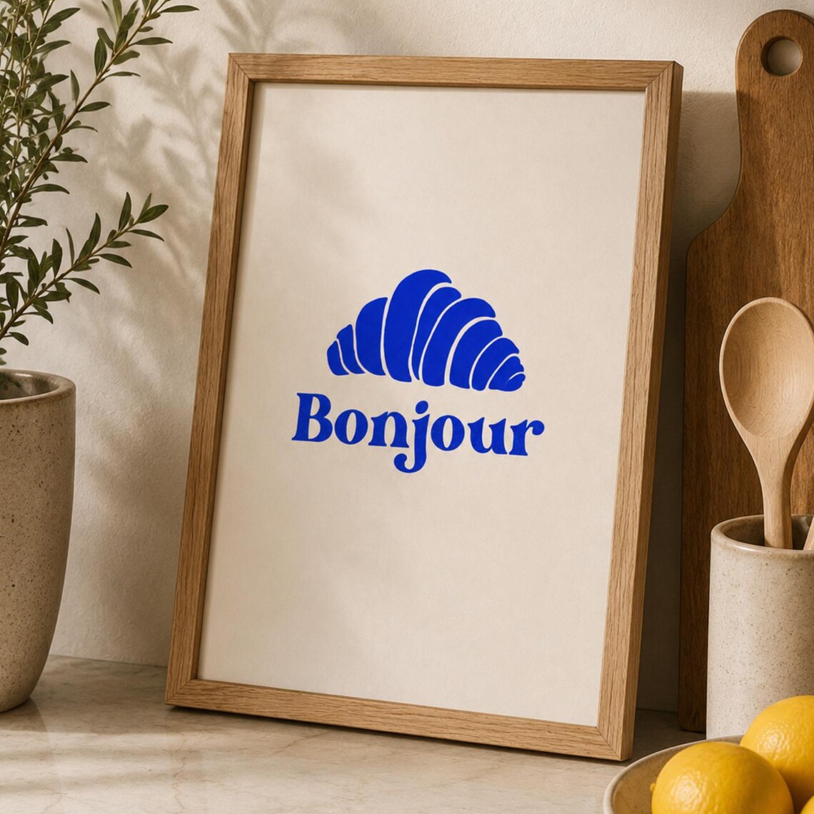 Bonjour Blue Croissant French Bakery Minimalist Kitchen Poster