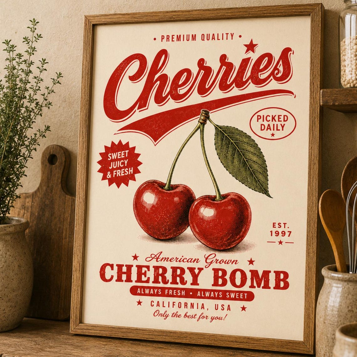 Vintage Cherry Bomb Cherries Poster Retro American Grown Kitchen Decor