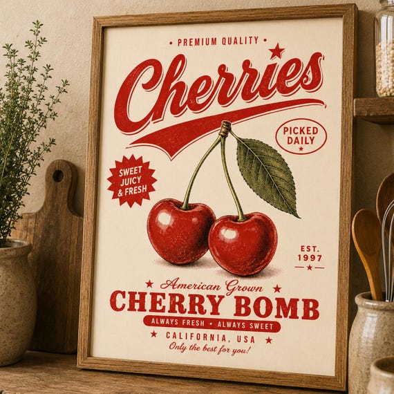 Vintage Cherry Kitchen Print Retro Wall Art Farmers Market Poster Fruit Decor Cottagecore Food Artwork Gift
