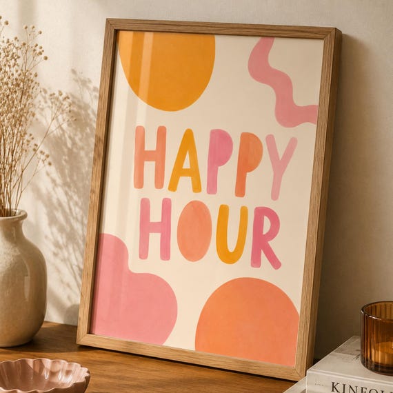 Happy Hour Print Retro Typography Wall Art Colorful Cocktail Bar Poster Mid Century Modern Decor Fun Kitchen Gift