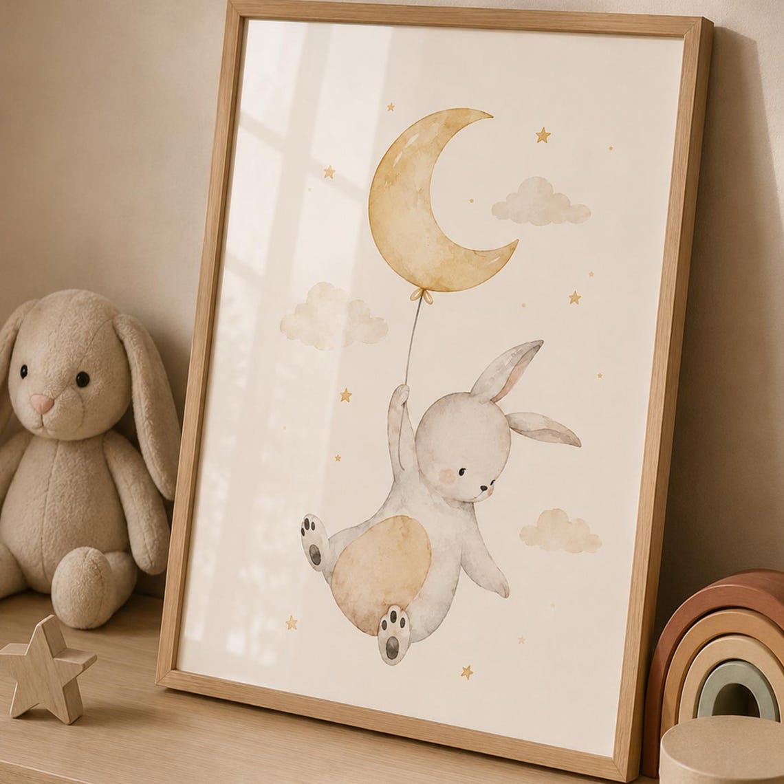Baby Bunny Moon Wall Art Neutral Nursery Print Watercolor Rabbit Poster Beige Decor Gender Room Gift