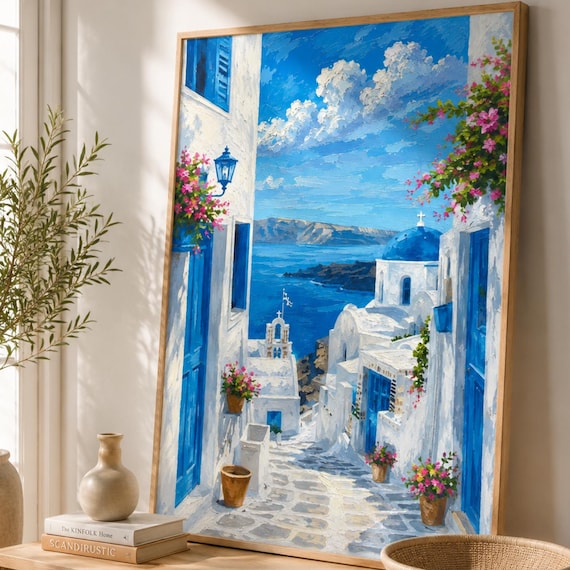 Santorini Greece White Buildings Blue Domes Aegean Coastline Poster