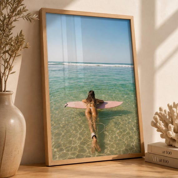 Surf Beach Wall Art Print Ocean Photography Poster Pink Surfboard Decor Coastal Tropical Surfer Gift