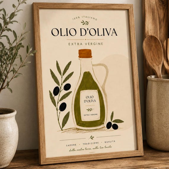Italian Olive Oil Poster Branch Kitchen Wall Art Tuscan Food Print Mediterranean Decor Rustic Farmhouse