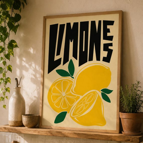 Lemon Kitchen Wall Art Vintage Citrus Poster Print Decor Modern Fruit Artwork Yellow