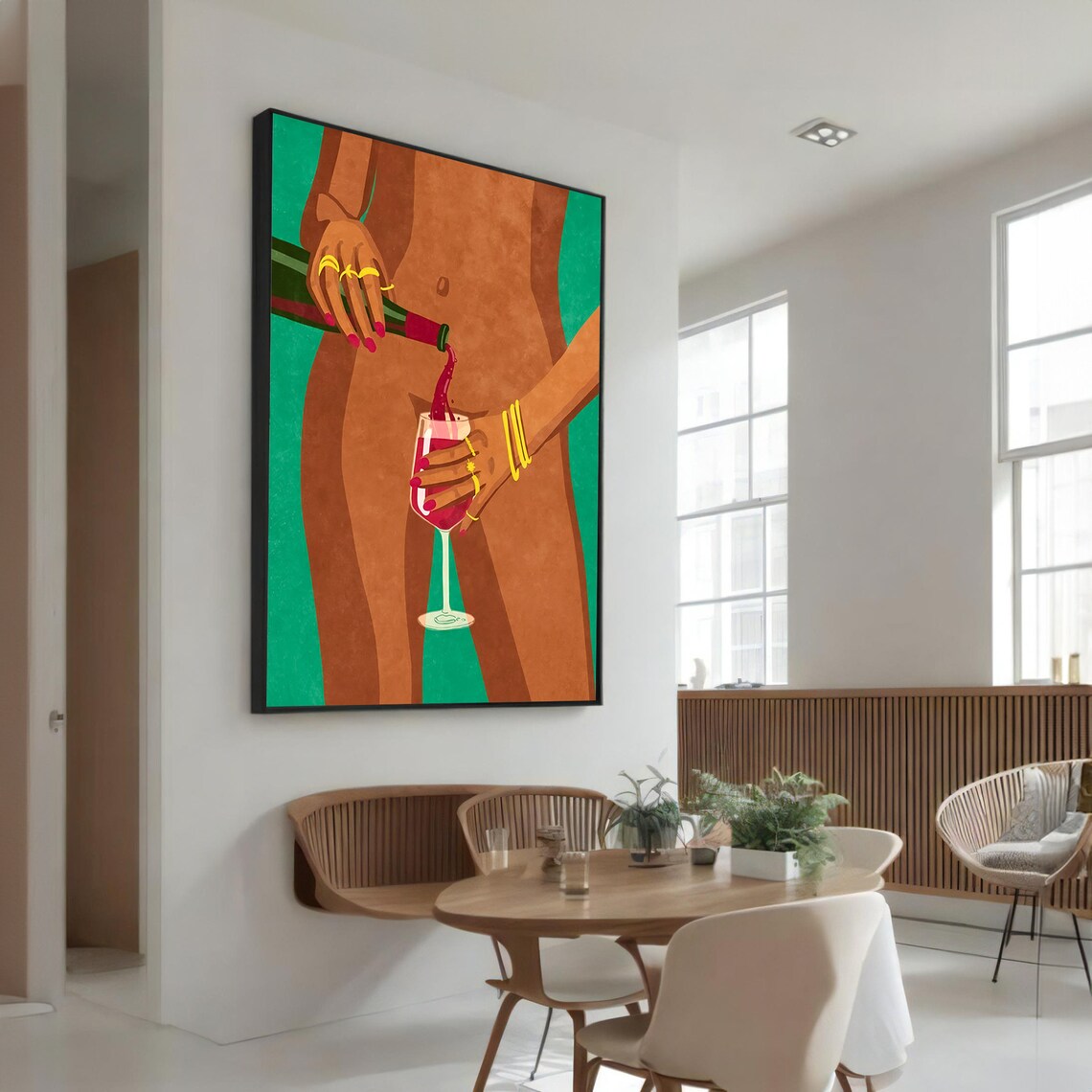 Bold Erotic Wine Pouring, Sensual Modern Art