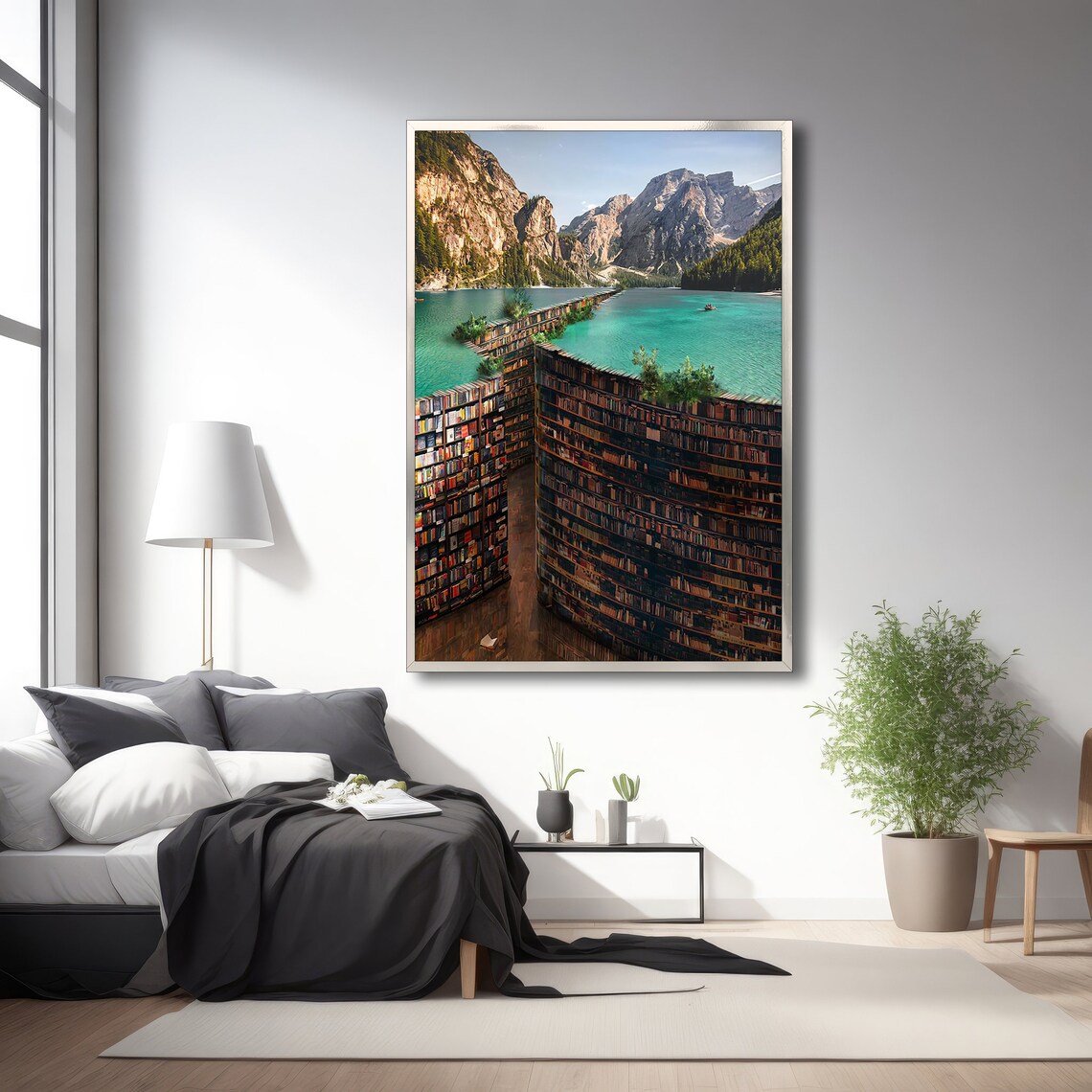 Surreal Library Lake Painting, Dreamy Home Decor - Image 3
