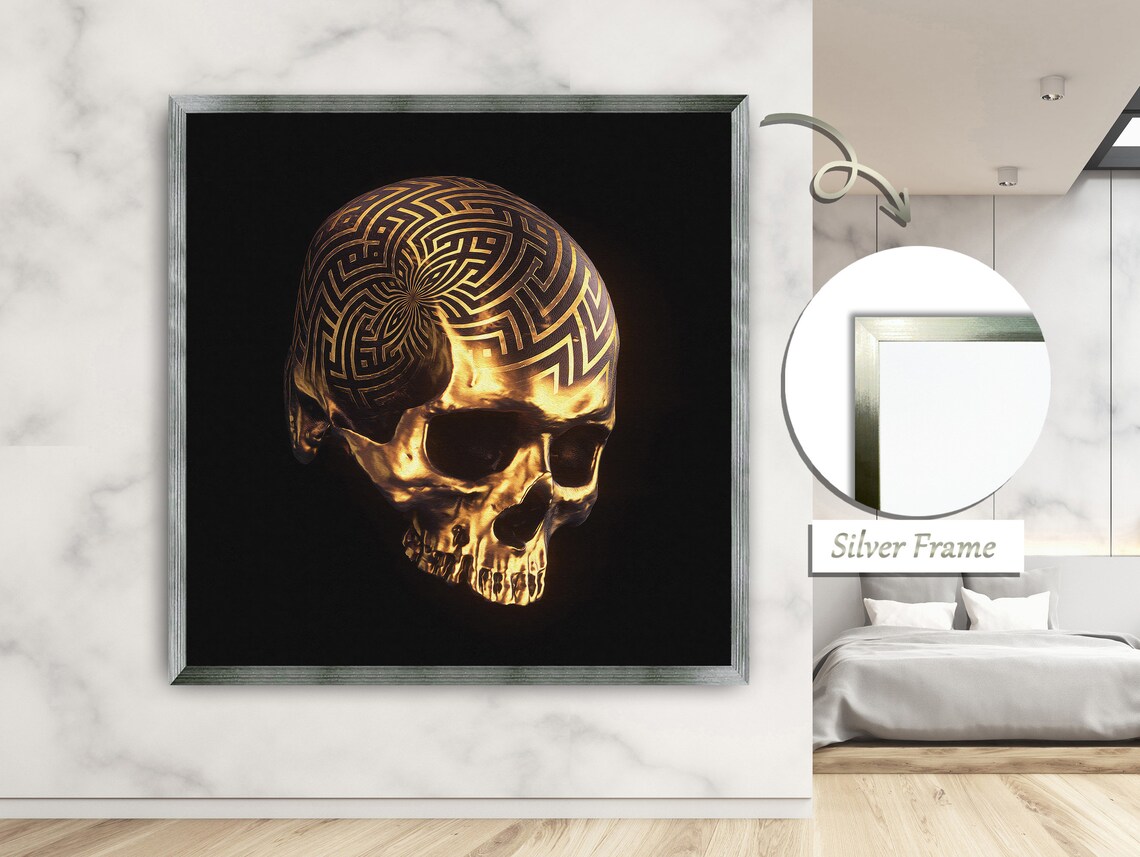 Golden Skull With Intricate Spiral Designs, Art Print - Image 2