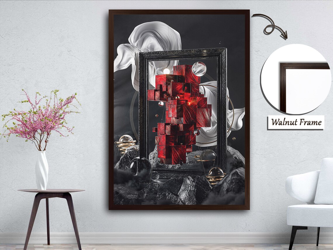 Red Cube Geometric Abstraction, Mixed Media Art - Image 4