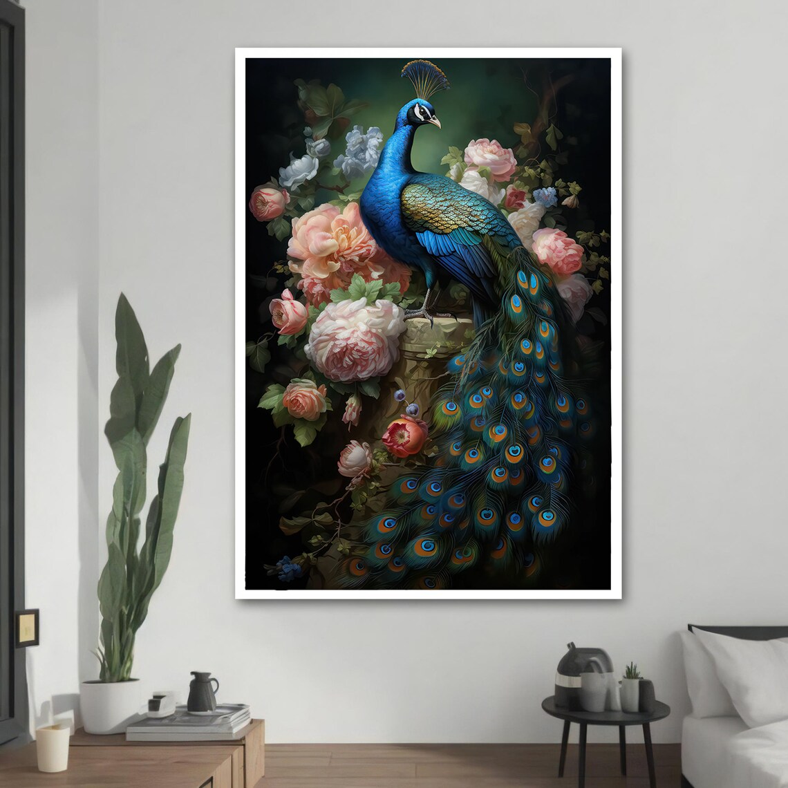 Majestic Peacock And Floral Painting, Elegant Animal Art - Image 2