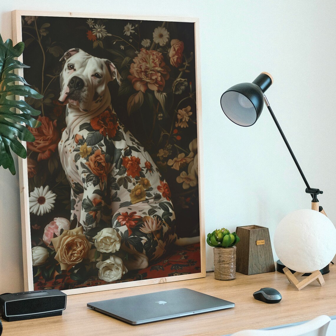 White Pit Bull Floral Bloom Vintage Botanical Portrait Poster - Image 5