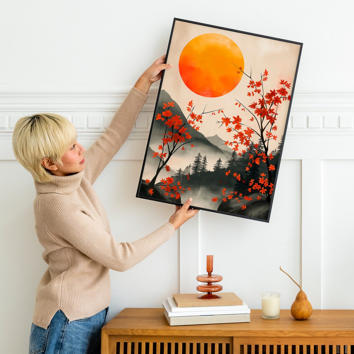 Red Maple Branches Under a Rising Sun Japanese Style Wall Print - Image 4