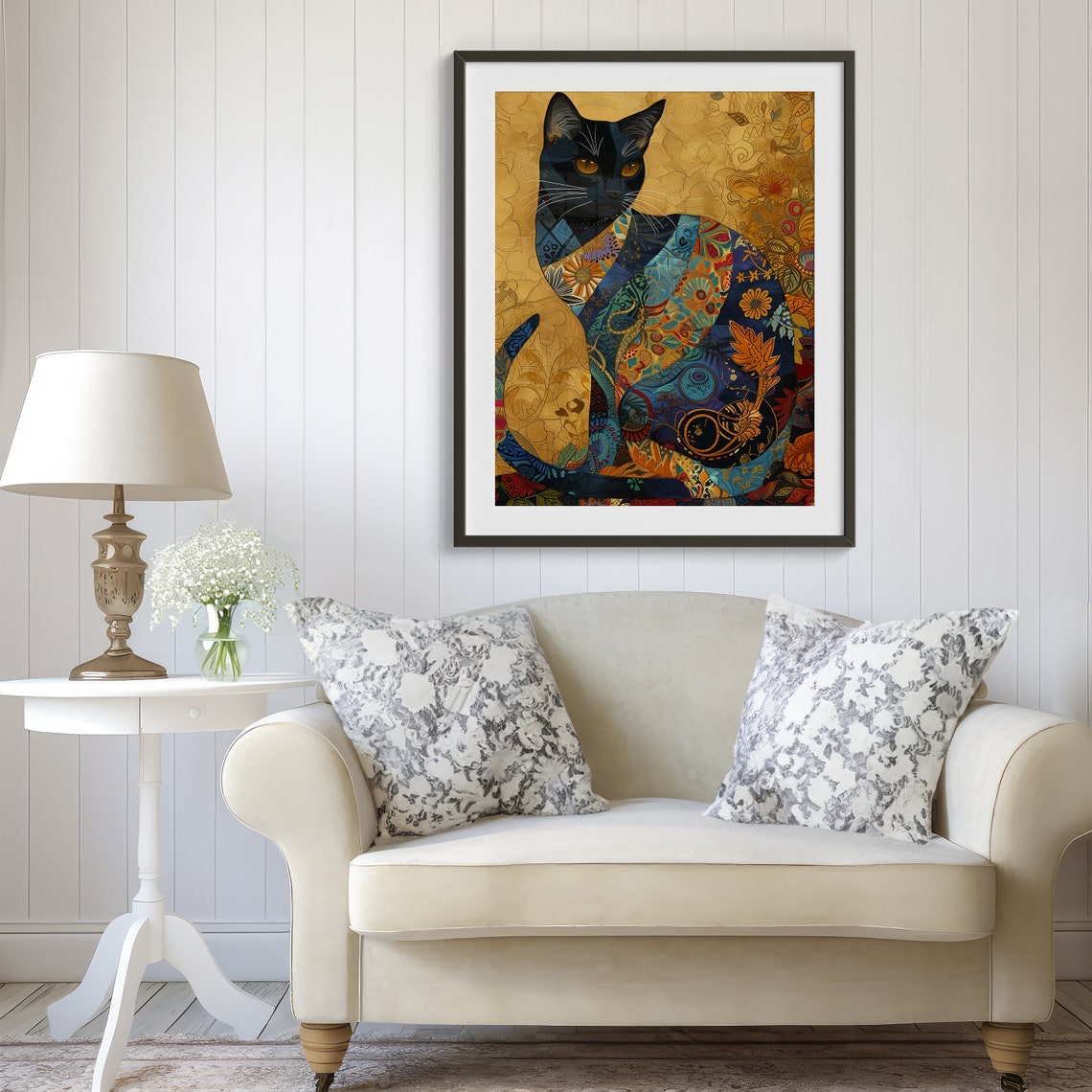 Midnight Blue Mosaic Cat with Floral Patterns on Gold Poster - Image 5