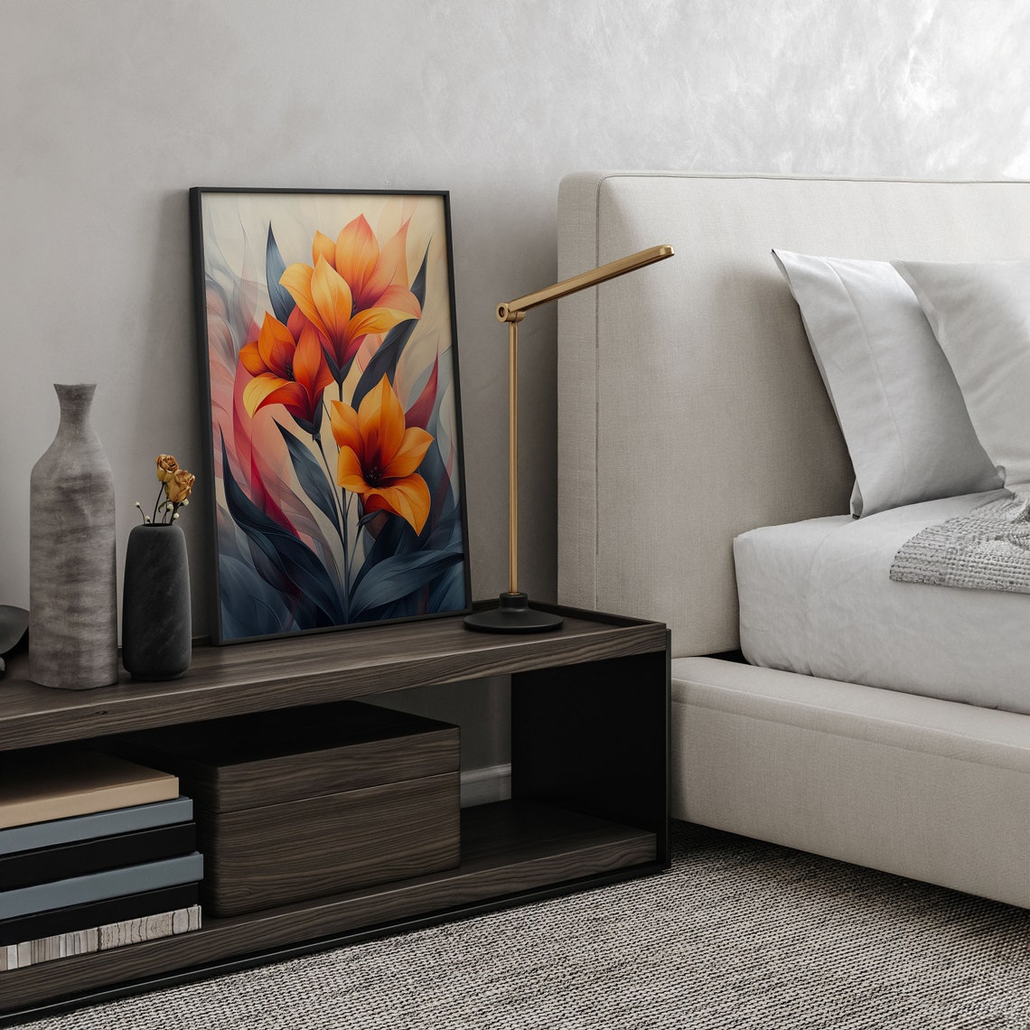 Orange Lily Blooms with Dark Leaves Abstract Floral Art Poster - Image 4