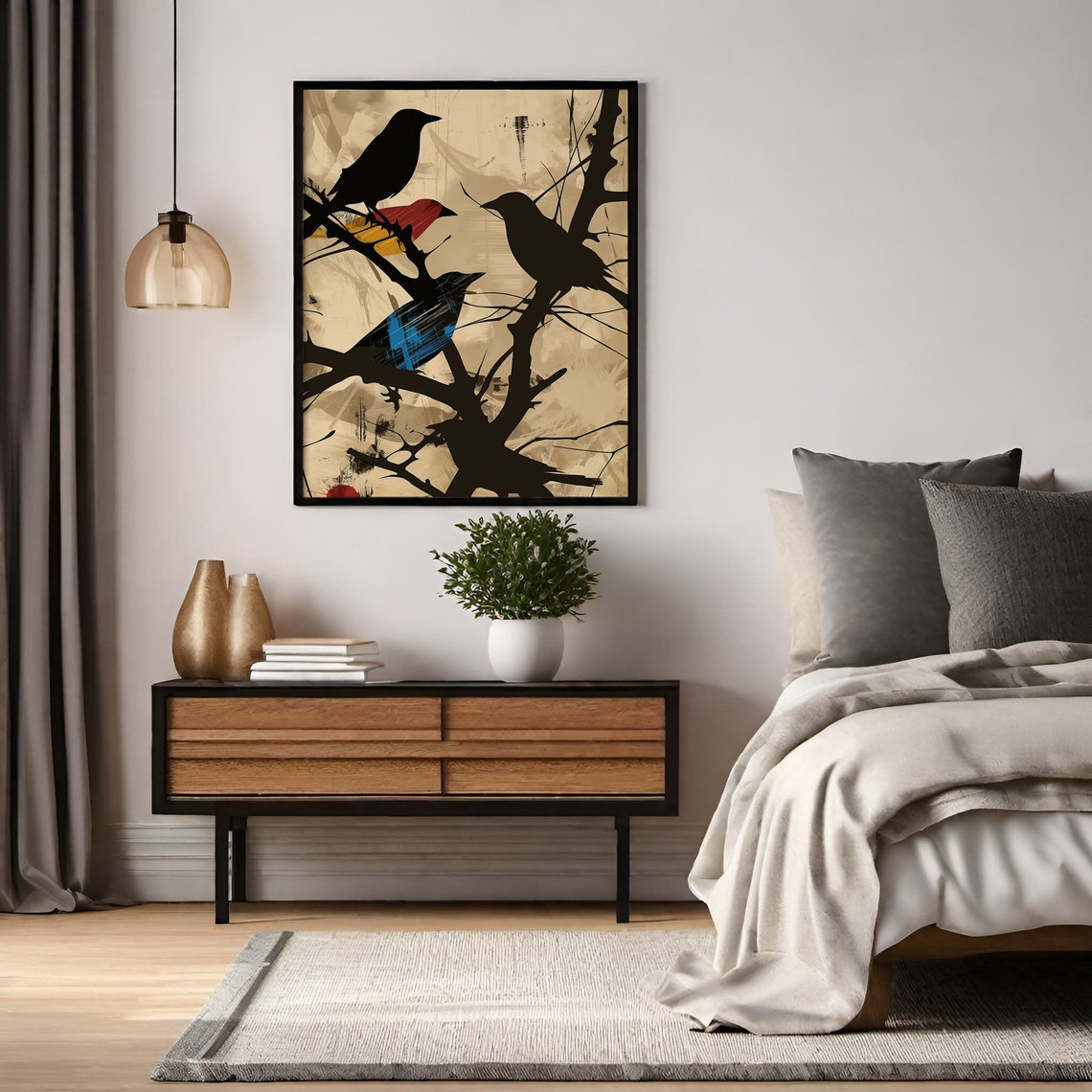 Black Bird Silhouettes on Bare Branches Minimalist Art Poster - Image 3