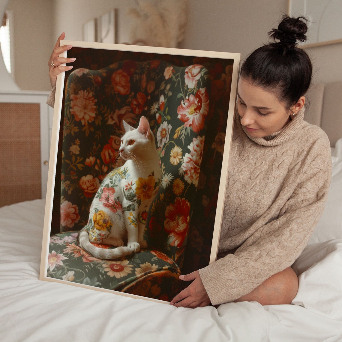 Floral White Cat on Vintage Chair Botanical Double Exposure Poster - Image 6