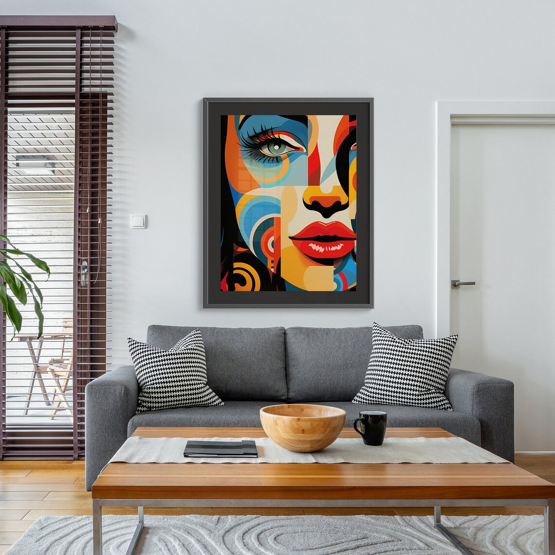 Bold Pop Art Cubist Woman Face with Red Lips and Blue Geometry Poster - Image 6