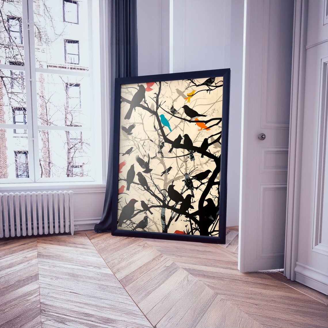 Flock of Black Birds on Bare Branches Silhouette Artwork Poster - Image 3