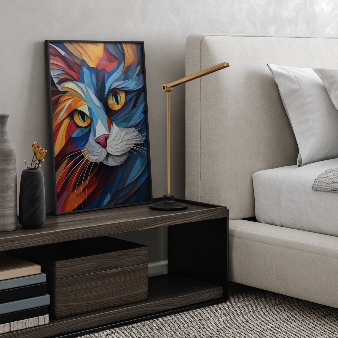 Geometric Patchwork Cat Face Close Up in Bright Blue Art Poster - Image 6