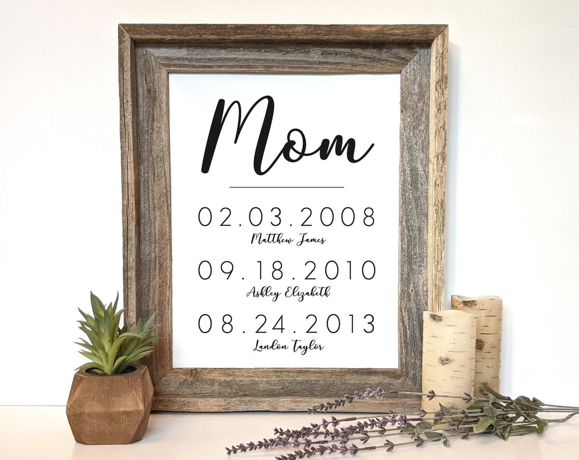 Mom Script Children's Birth Dates Names Rustic Wood Frame Print