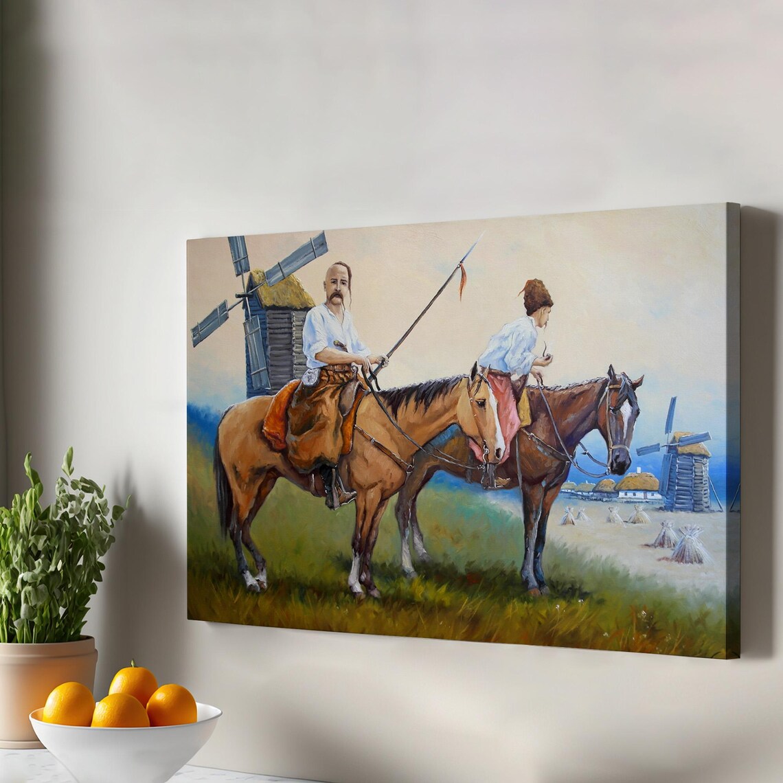 Steppe Horsemen Countryside Windmills Classical Oil Painting Equestrian Wall Art