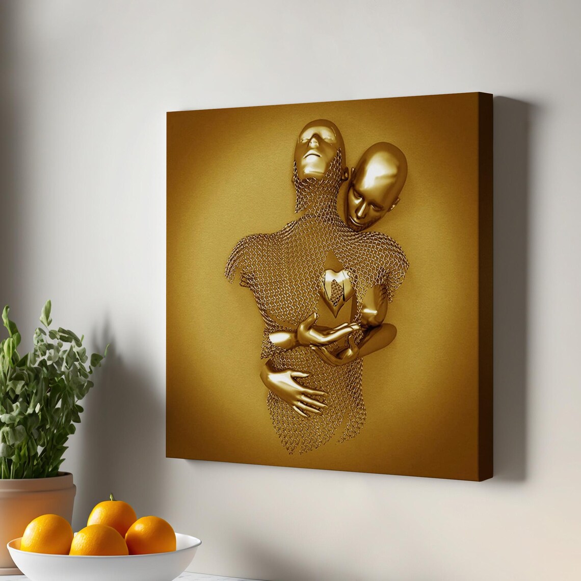 Surreal Golden Lovers Sculpture Embrace Romantic Gold Art Poster