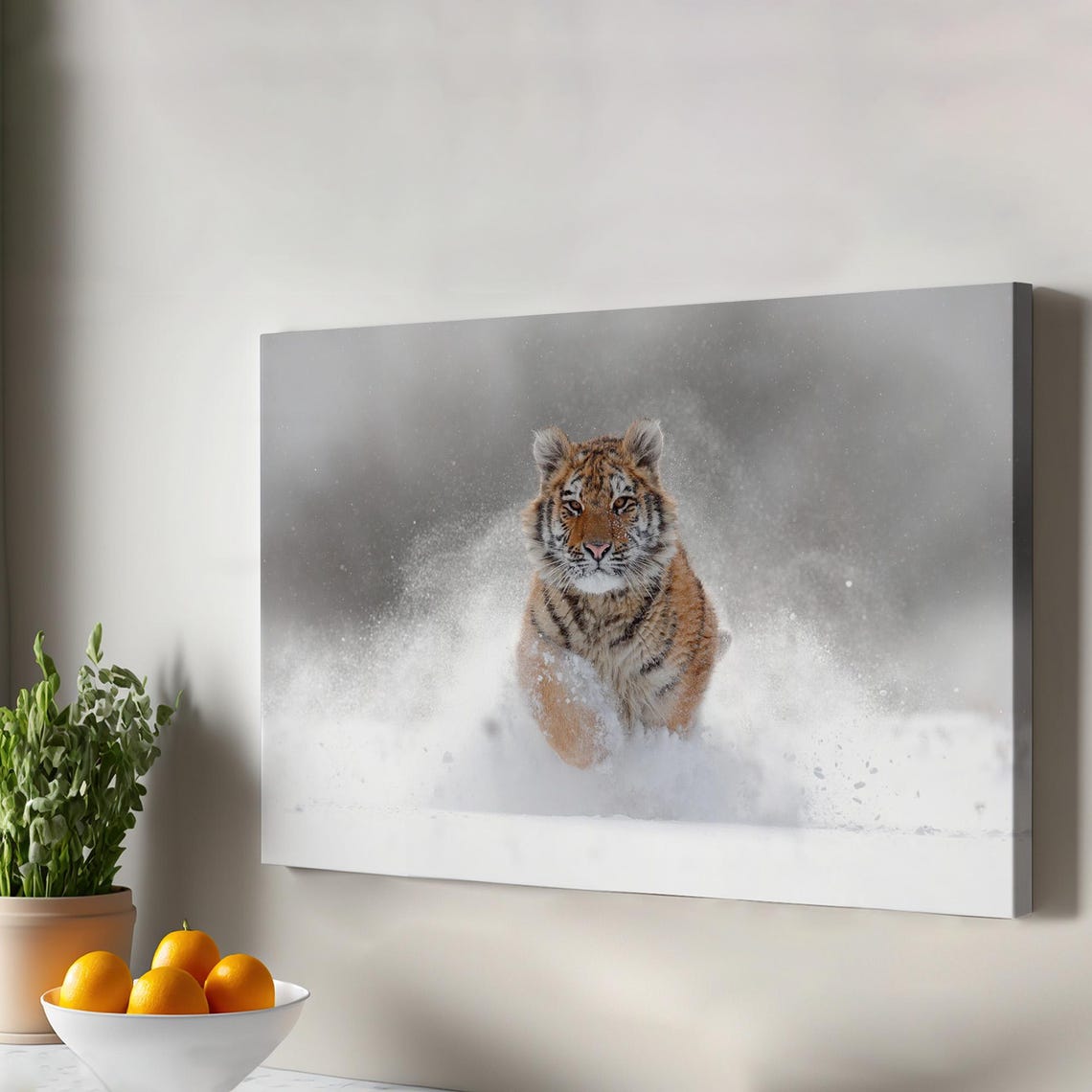 Tiger Cub Running In Snow Decorative Canvas Painting Framed Wall Art Decor Gift For Nature Enthusiasts Large