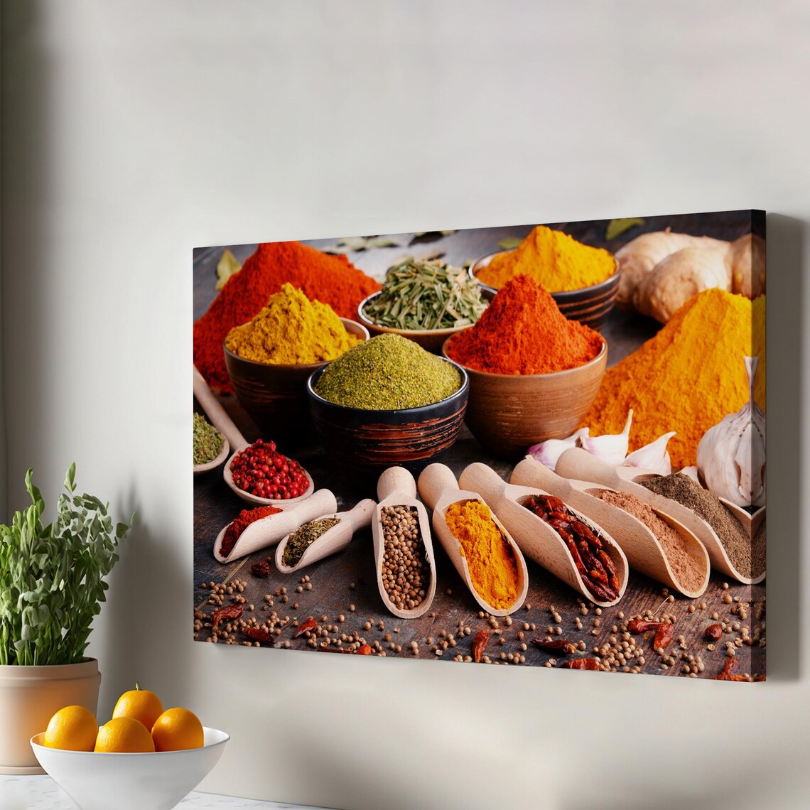 Colorful Spices In Wooden Bowls And Scoops Kitchen Still Life Photo Wall Art