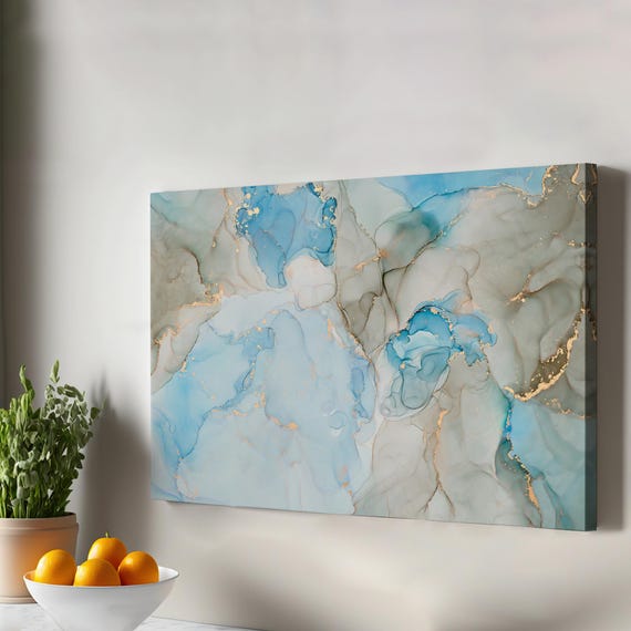 Canvas Art With Ink And Alcohol Elements In Marble Pattern Abstract Wall Modern Decor Framed