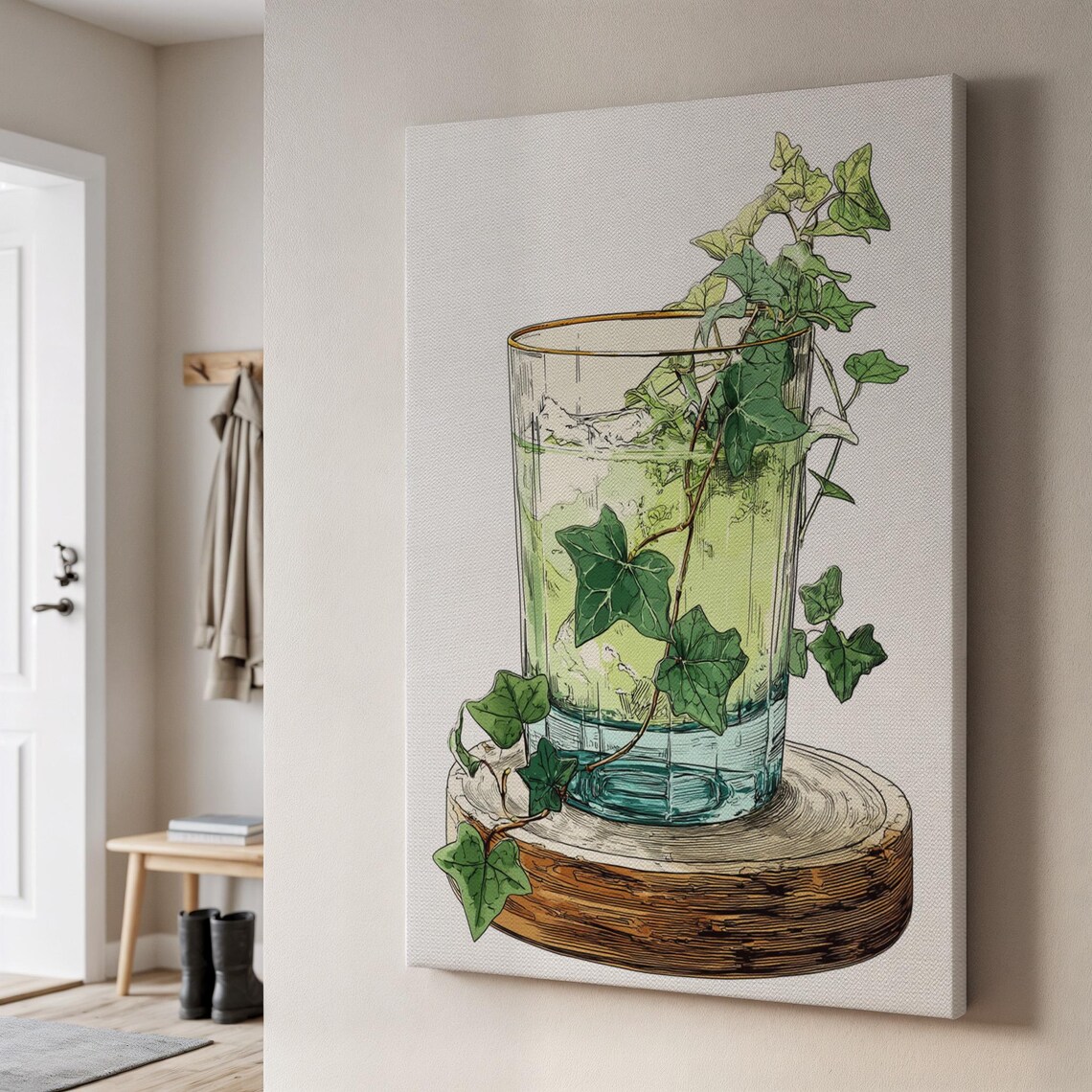 Botanical Glass Illustration Canvas Ivy Wrapped Cocktail Art Print Nature Inspired Kitchen Wall Decor Framed Green Refreshment Artwork