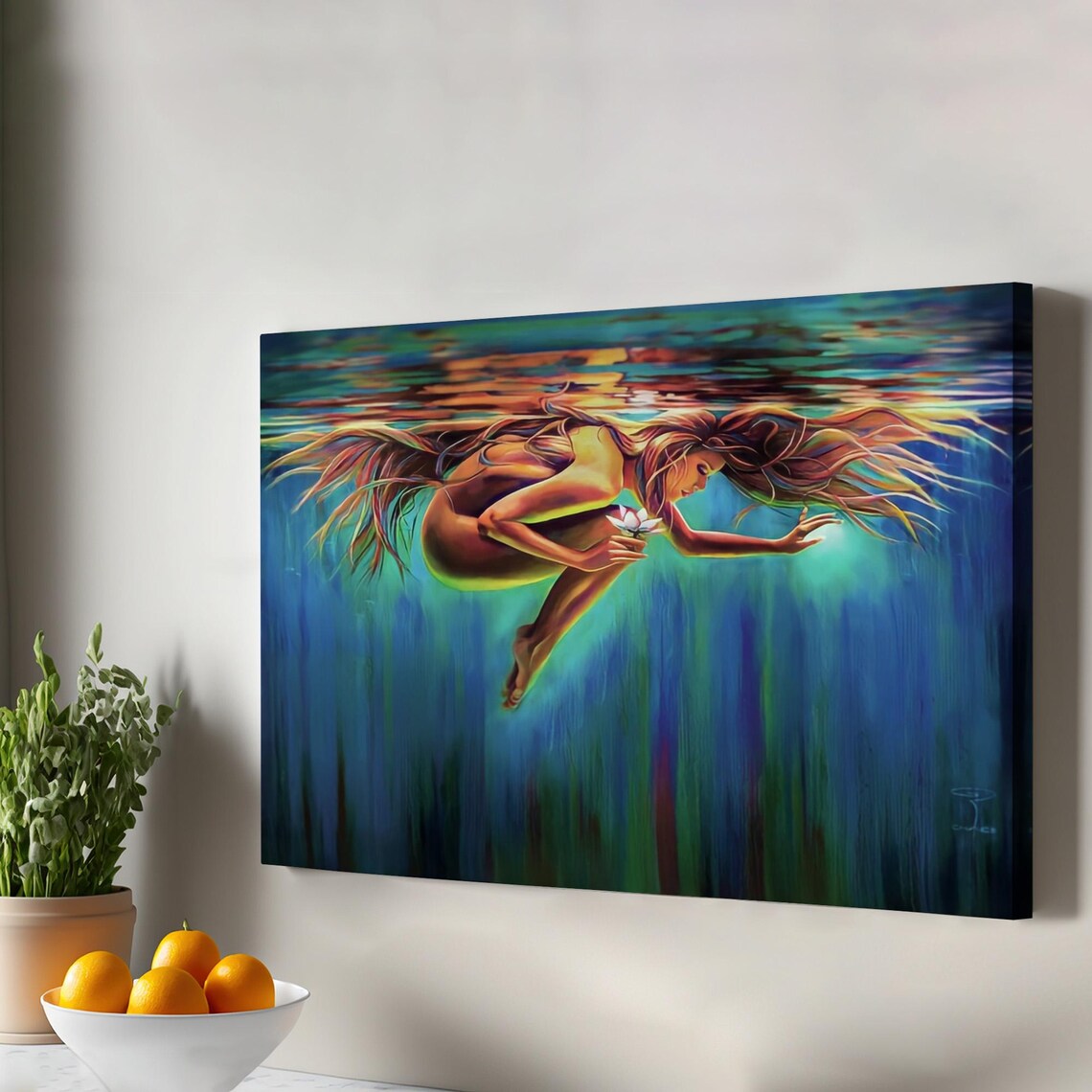 Woman Underwater Flower Flowing Hair Vibrant Ocean Art Poster