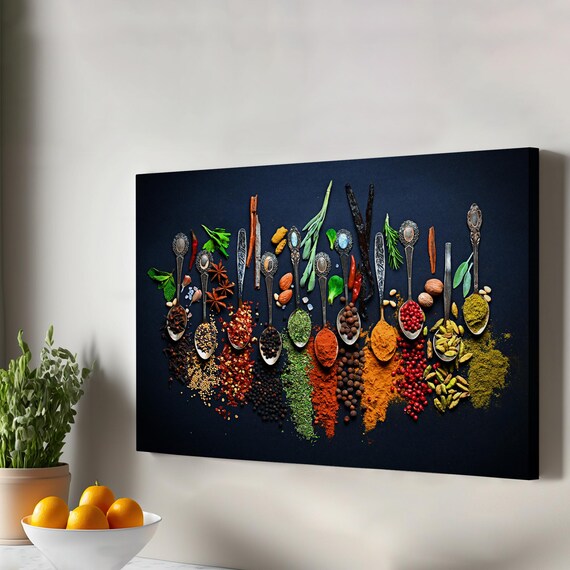 Colorful Spices Vintage Spoons Dark Background Kitchen Cafe Wall Art